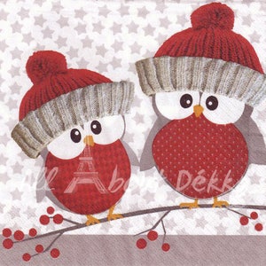 Decoupage Napkins Set of 4 - Christmas, Kawaii Owls, Collage of 4 Designs of Paper Napkins, Serviettes, Scrapbooking, Mixed Media