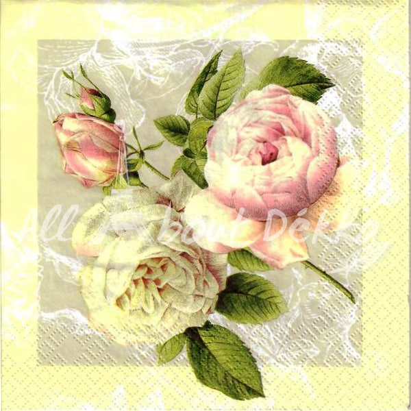 Assorted Decoupage Napkins Set- Vintage Flowers, Roses, Spring, Collage of 4 Paper Napkin, Serviettes, Scrapbooking, Mixed Media Supplies