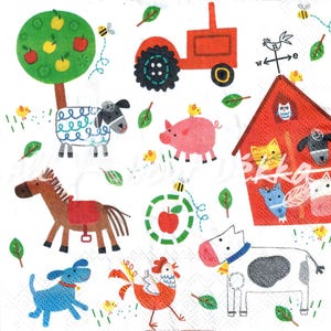 Niedliche Decoupage Servietten 4er Set - Tiere vom Bauernhof, Zoo, Fuchs, Bär, Panda, Löwe Collage aus 4 Designs aus Servietten, Servietten, Bastelbedarf