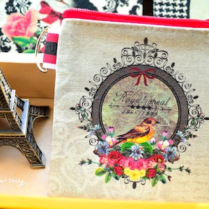 Vintage Bird & Flower with Ornaments Square Canvas Purse/Wallet, Coins Pouch, Decoupage Small Bag, Zip Pouch/Wallet, Key Ring Purse