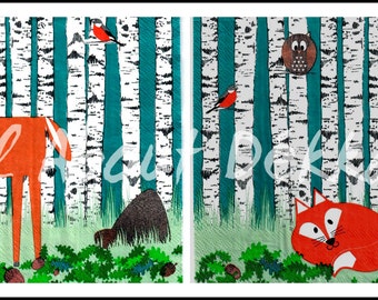 Cartoon Design Decoupage Napkins Set of 4  - Owl, Sea, Fox, Reindeer, Cat, Collage of 4 Designs of Napkins, Serviettes, Decoupage Supplies