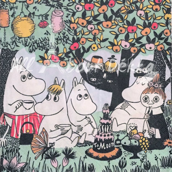 Moomin Decoupage Napkins Set of 6 - Blossom Spring, Family picnic, dance, garden, Tea party, Collage of 6 Designs of Napkin, Serviettes