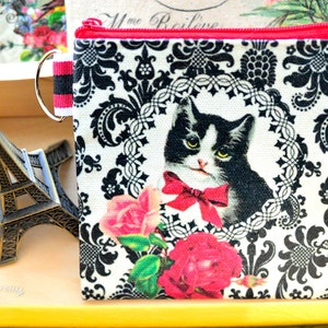 Encantador gato con rosas y adornos Doily Monedero / billetera de lona cuadrada, bolsa de monedas, bolsa pequeña Decoupage, bolsa / billetera con cremallera, monedero de llavero