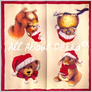 Lot de 4 serviettes pour découpage - Animaux de Noël, chaussettes de Noël, ange, renard, flocon de neige, collage de 4 serviettes de table, serviettes de table, scrapbooking, mélange de couleurs