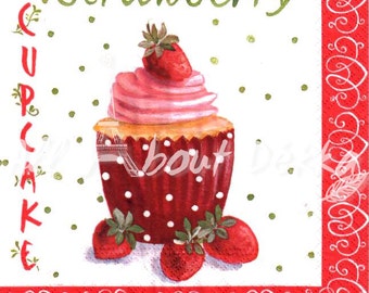 Decoupage Napkins Set of 4 - Strawberry Cup Cake, Collage of 4 Paper Napkin, Serviettes, Scrapbooking, Mixed Media, Paper Crafts Supplies