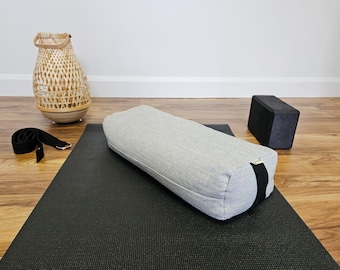 Rectangular Bolster Canadian made Yoga, Meditation, Stretching, and Sleep Cushion with Buckwheat Hulls | Stain-resistant Canvas Cement Grey