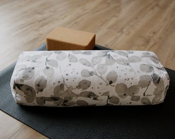 Rectangular Yoga Bolster | Meditation Cushion | Stretching & Sleep Support Pillow | Buckwheat Hull Filled printed cotton Canvas eucalyptus