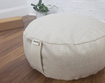 Zafu Meditation Cushion or Round Floor Cushion | Filled with buckwheat hulls | Linen cotton canvas sand beige natural color | Amma Therapie