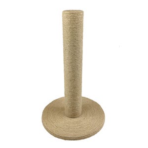 May include: A cat scratching post with a circular base and a tall, cylindrical scratching surface. The post is made of natural-coloured sisal rope, providing a durable texture for cats to scratch and play on. The base is also wrapped in sisal.