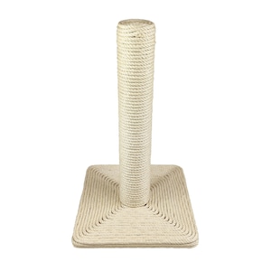 May include: A beige cat scratching post with a square base and a tall, cylindrical scratching surface. The post is made of tightly wound natural rope, providing a durable and appealing texture for cats to scratch and climb. The base is also made of rope.