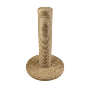 May include: A cat scratching post featuring a circular base and a vertical scratching column. The post is constructed from tightly wound natural rope, offering a robust and attractive texture for cats to scratch and play. The base is also covered in the same rope.