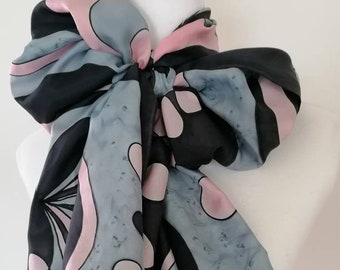 Pure silk scarf with abstract shapes, Black gray pink scarf, Hand painted silk, Large scarf