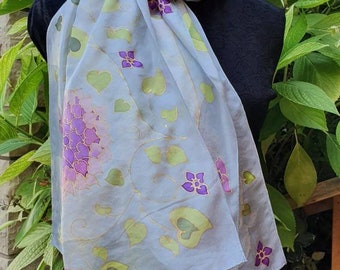 Hand Painted Silk Scarf ∣ Silk Scarf Pink Flowers ∣ Colorful Silk Scarf ∣ Gift For Her ∣ Christmas Gift ∣ Unique ∣ Hearts