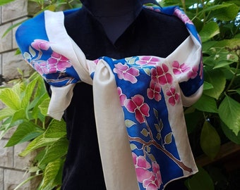 Handpainted Silk Scarf ∣ Silk Scarf Pink Flowers Cherry blossoms ∣ Blue Silk Scarf ∣ Gift For Her ∣ Unique Handmade Scarves