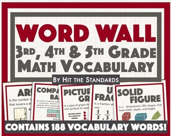 WORD WALL Math Vocabulary 3rd 4th 5th Grade 188 Words Class Decor Back to School Summer Task Cards Teacher Resource Common Core TEKS