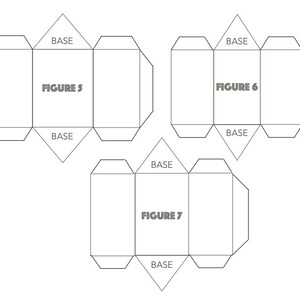 May include: Diagram showing three different net shapes for a three-dimensional geometric figure. Each net is labeled "BASE" and "FIGURE" with a number. The nets are black and white.