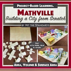 May include: A project-based learning activity called "Mathville: Building a City from Scratch" by Hit the Standards. The image shows a model city made from paper, glue, and colours. The city includes buildings, a park, a road, and a car. The text "Area, Volume & Surface Area" is printed below the city.