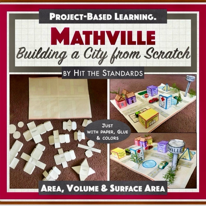 May include: A project-based learning activity called "Mathville: Building a City from Scratch" by Hit the Standards. The image shows a model city made from paper, glue, and colors. The city includes buildings, a park, a road, and a car. The text "Area, Volume & Surface Area" is printed below the city.