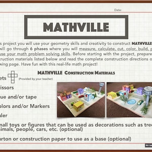 May include: A colorful model town called Mathville, made from paper and cardboard. The model includes houses, a tower, trees, and a car. The project requires nets, scissors, glue, markers, a ruler, and small toys for decoration.