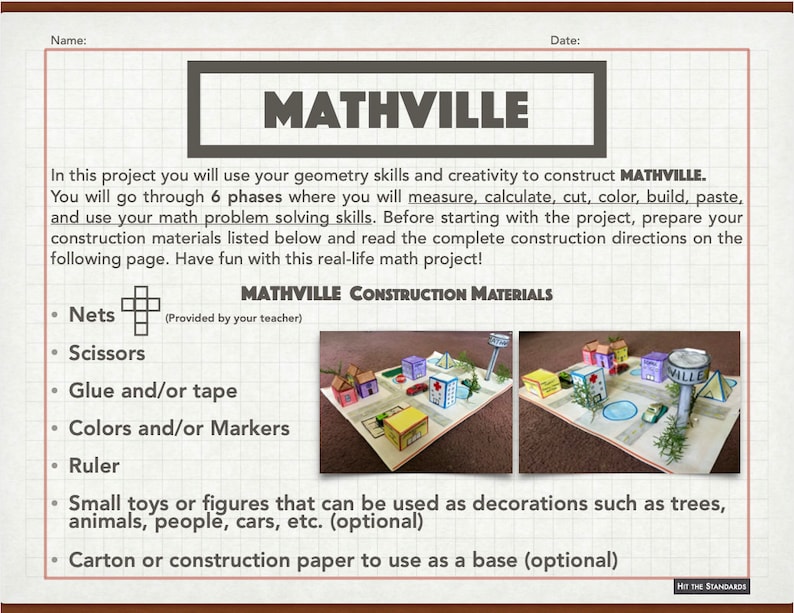 May include: A colorful model town called Mathville, made from paper and cardboard. The model includes houses, a tower, trees, and a car. The project requires nets, scissors, glue, markers, a ruler, and small toys for decoration.