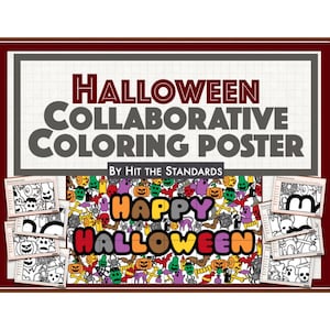 May include: A black and white Halloween coloring poster with the text "Happy Halloween" in colorful letters. The poster is divided into sections with different Halloween-themed images to color.