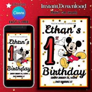 Editable Mickey Mouse Birthday Invitation, Mickey Mouse Invitation, Printable Mickey Mouse Birthday Invitation, Mickey Video Invitation