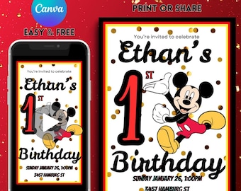 Editable Mickey Mouse Birthday Invitation, Mickey Mouse Invitation, Printable Mickey Mouse Birthday Invitation, Mickey Video Invitation
