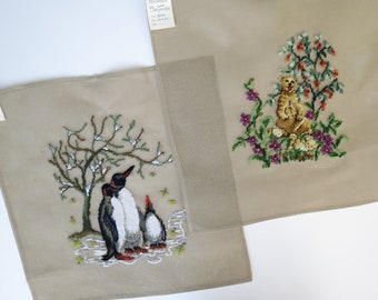 SALE Animal Needlepoint PRE-WORKED Canvases Penguin or Baby Tiger Families Embroidery Canvases 18 x 18&quot;