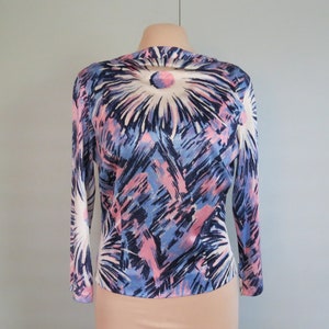 Splashy Print Silky Jersey Bateau Neckline Top Vintage 1970&#39;s 3/4 Sleeve Abstract Print Size Small