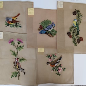 SALE Bird Variety PRE-Worked Needlepoint Canvases, Robin in Pink Roses, Sparrow on Pine Needles and Yellow Breast Bird With Pine Combs