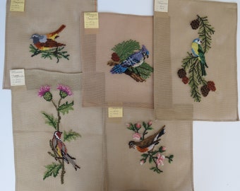 SALE Bird Variety PRE-Worked Needlepoint Canvases, Robin in Pink Roses, Sparrow on Pine Needles and Yellow Breast Bird With Pine Combs
