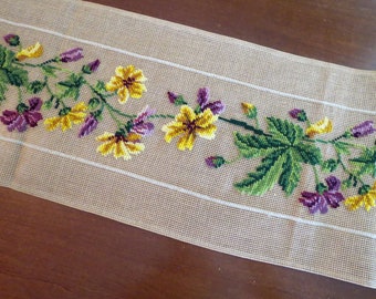 SALE Long 56&quot; Floral Bell Pull PRE-WORKED Needlepoint Canvases Runner or Wall Hanging Purple n Yellow Vine