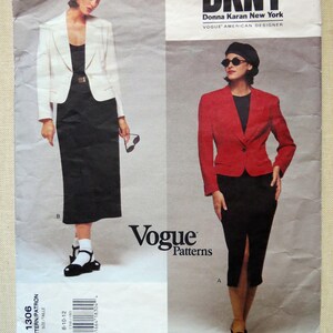 May include: A sewing pattern for a skirt and blazer by Donna Karan New York. The pattern is for sizes 8-10-12 and is from Vogue Patterns.
