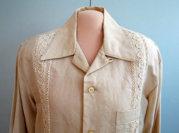 Men s Guayabera Cafe Con Leche Shirt Cotton linen Mid Century Style Men s Tropical Dress Shirt. Size Medium Etsy