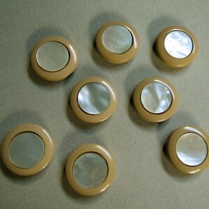 May include: Nine beige buttons with a white mother-of-pearl centre. The buttons are round and have a raised edge.