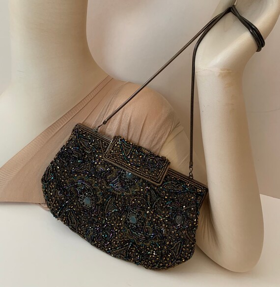 Black Beaded Clutch with Braided Cloth Strap, 7.5 x 5, Vintage Purse, Small Interior Mirror, Carolyne Barton Label. Evening Bag, Handbag