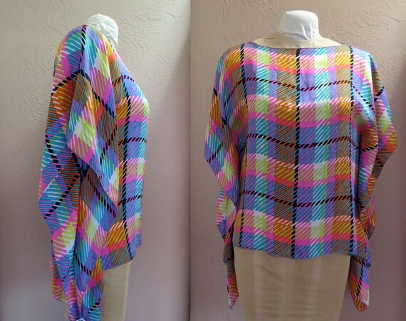 Italian Silk Scarf Tunic Top: Mod Plaid, Komater Sisters Design, Size Small