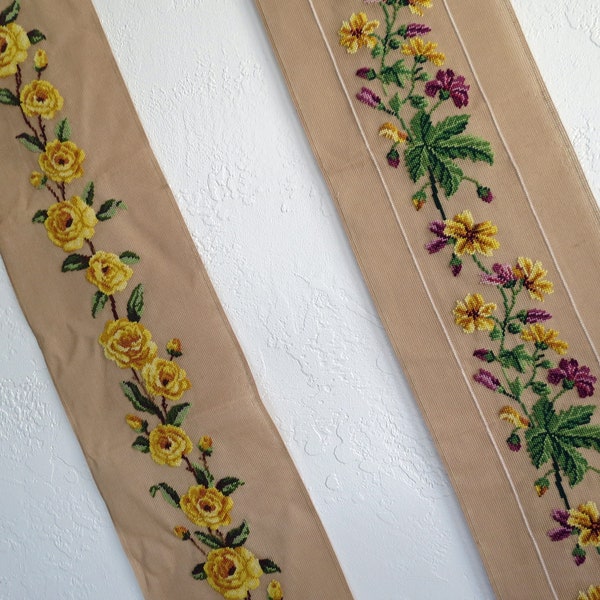 Tiradores de campana florales largos de 56" Lienzos de punto de aguja PRETRABAJADOS (Múltiples disponibles) Corredor o para colgar en la pared Rosa amarilla o Púrpura y vid amarilla