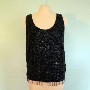 Black Sequin Tank Top Heavy Beaded Top Made in Hong Kong Evening Special Occasion Top Size M. FREE SHIPPING