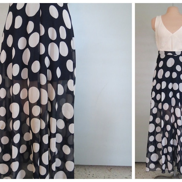 Big Polka Dot Maxi Swirl Dance Skirt Navy and White Polka Dot Sheer Summer Skirt Size S