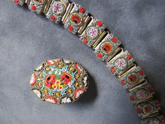 Antique 1930's Micro Mozaic Bracelet and Brooch Se
