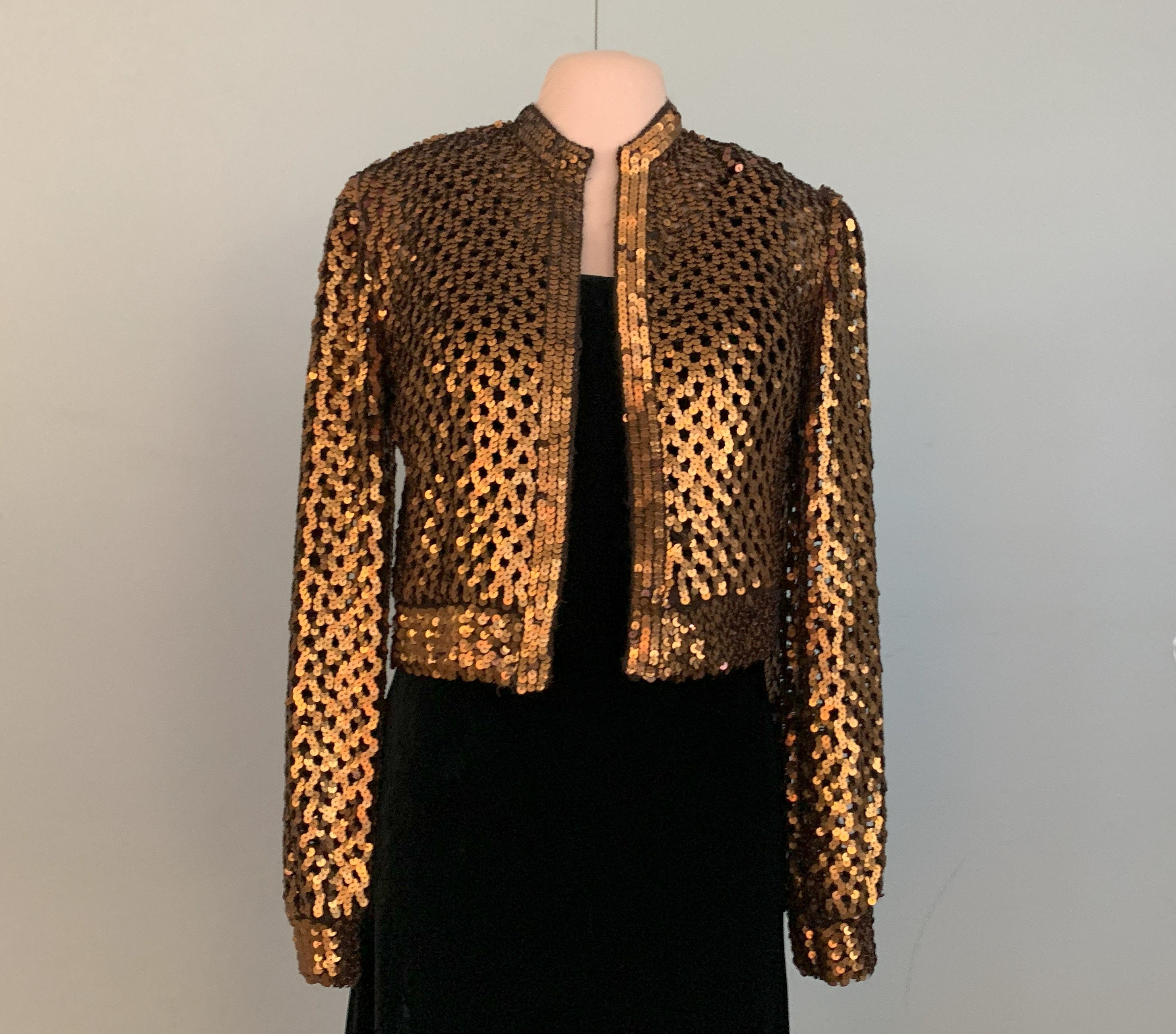 I. Magnan Copper/Gold Sequined Lattice Sweater/Bolero Jacket/Topper. Size XS - Sm, FREE SHIPPING.