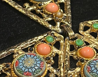 Vintage D&E Juliana Moroccan Matrix Tile Gold Plated Bib Statement Necklace