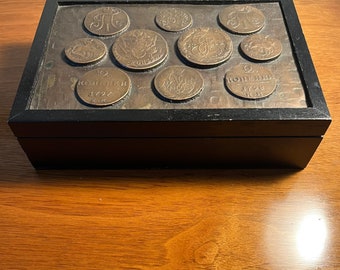 Vintage Wooden Box/ Casket with Russian Imperial Coin Décor