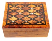 Large Thuya Wood and Mother of Pearl Marquetry Jewellery Box with Tray and Key - Fair Trade Box handmade in Morocco