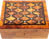 Large Thuya Wood and Mother of Pearl Marquetry Jewellery Box with Tray and Key - Fair Trade Box handmade in Morocco