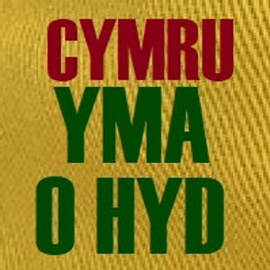 May include: A gold background with the words "CYMRU YMA O HYD" in red and green lettering.