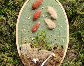 Moss and Bone Embroidery With Squirrel Bones - Recycled Material - Hand Stitched