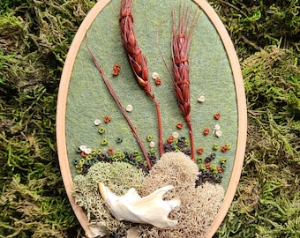 4in x 6in Moss and Bone Embroidery With Muskrat Jaw - Recycled Material - Hand Stitched - Real Bone