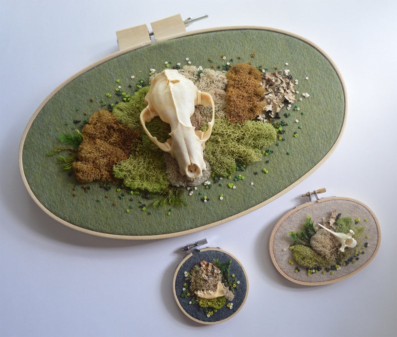 3 Moss and Bone Embroidery With Coyote Metatarsal Recycled Material Hand Stitched image 6